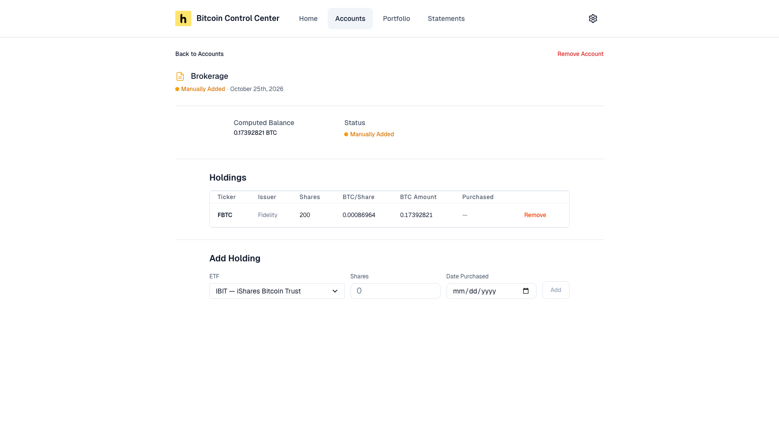ETF account page with computed balance and a holdings table