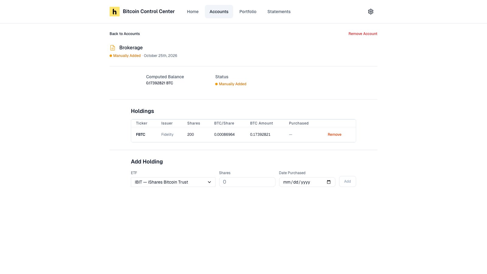 ETF account page with computed balance and a holdings table