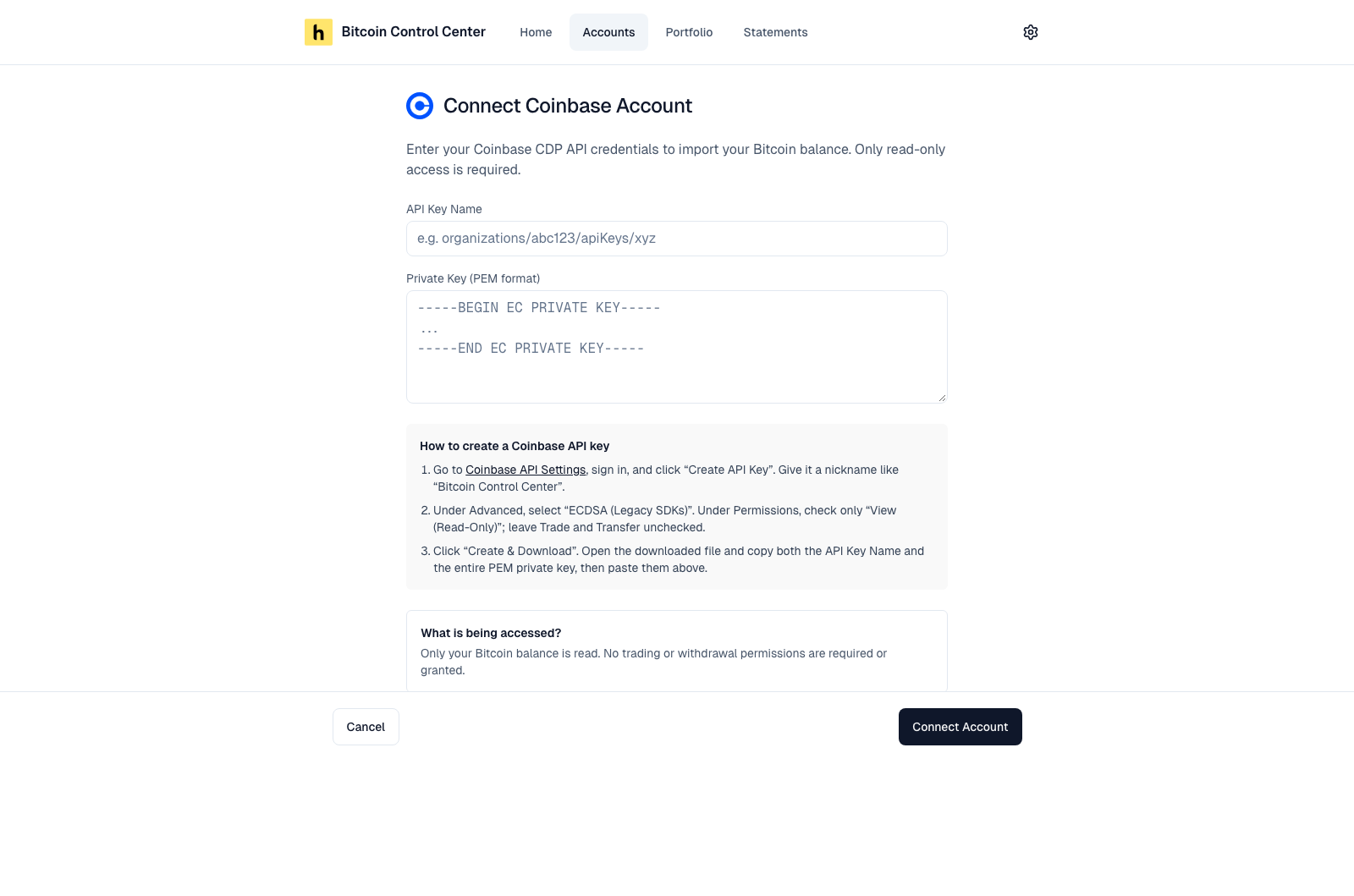 Connect Coinbase Account form with API Key Name, Private Key, and setup steps