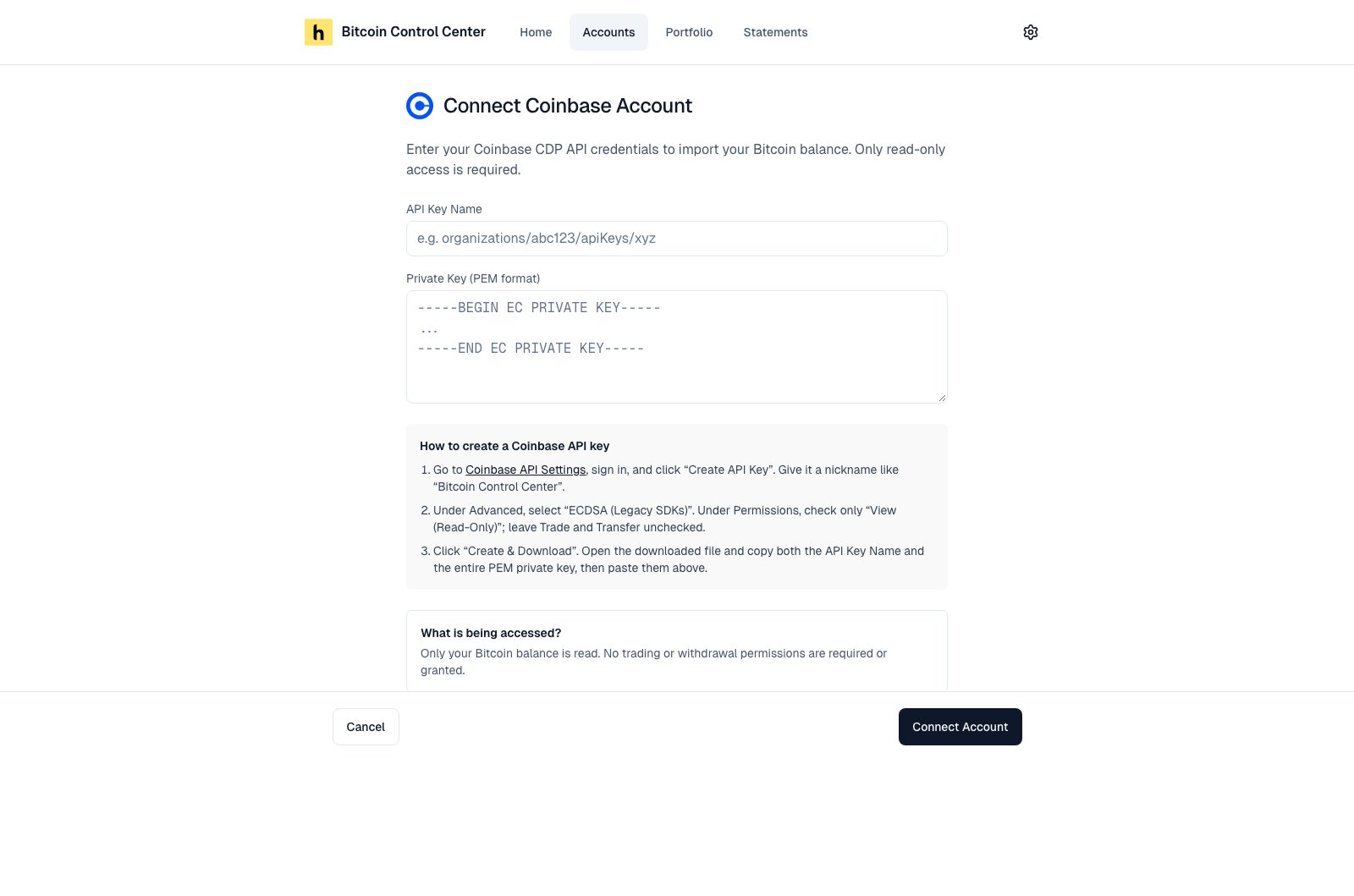 Connect Coinbase Account form with API Key Name, Private Key, and setup steps
