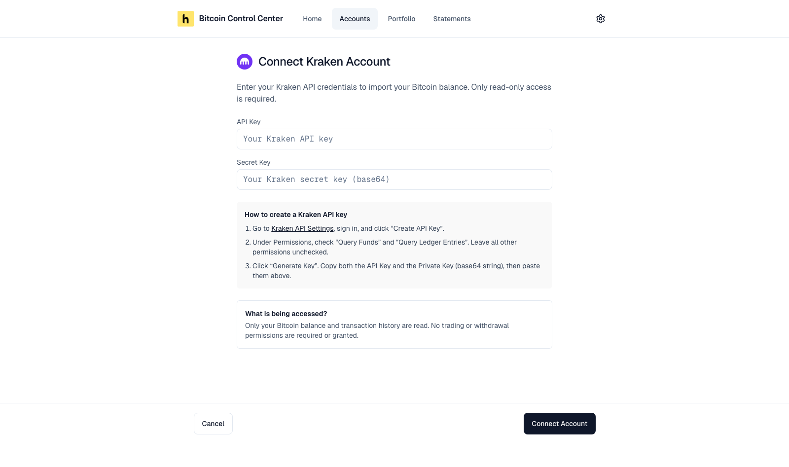 Connect Kraken Account form with API Key, Secret Key, and setup steps