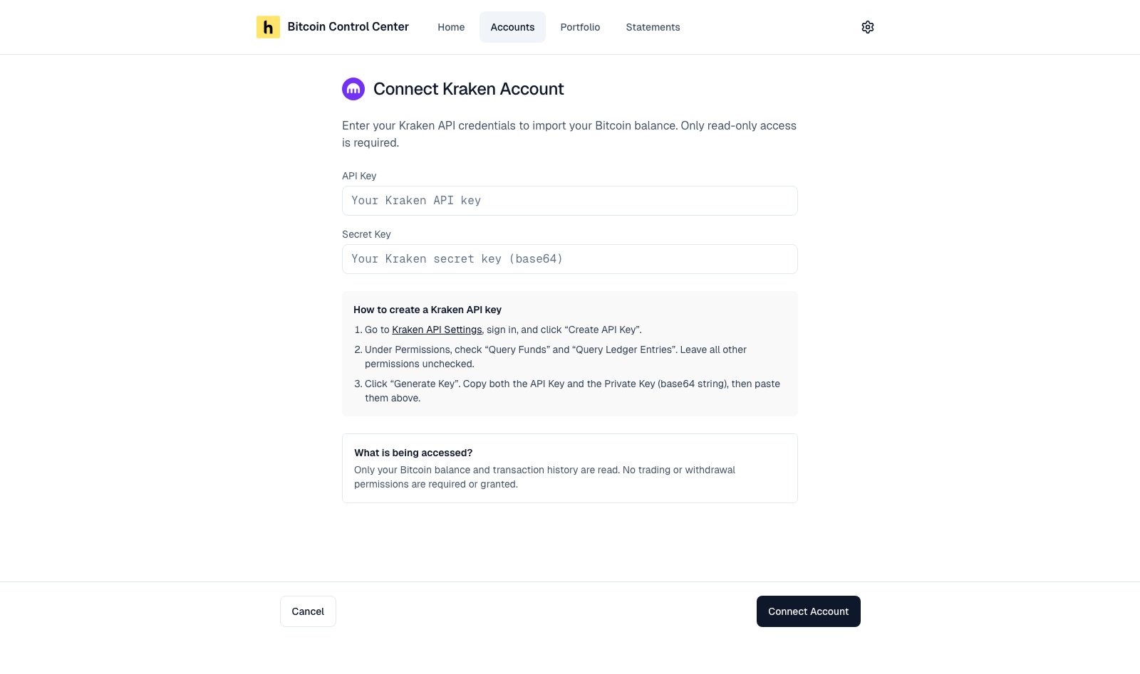 Connect Kraken Account form with API Key, Secret Key, and setup steps