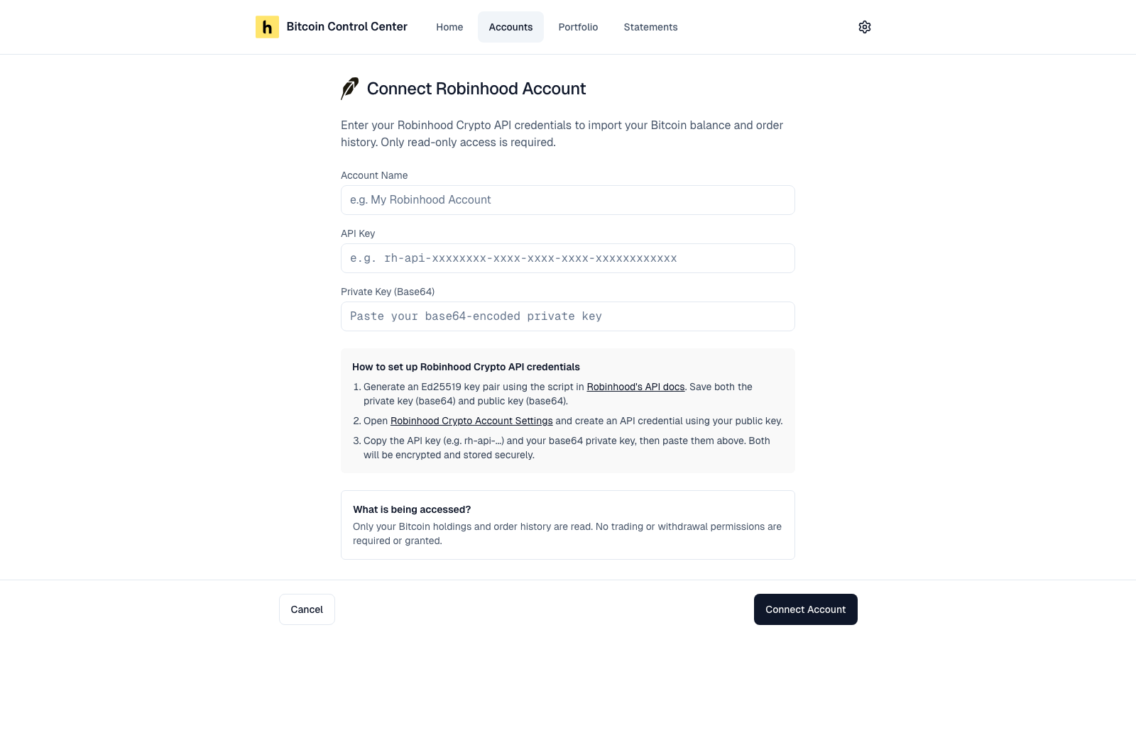Connect Robinhood Account form with account name, API key, private key, and setup steps