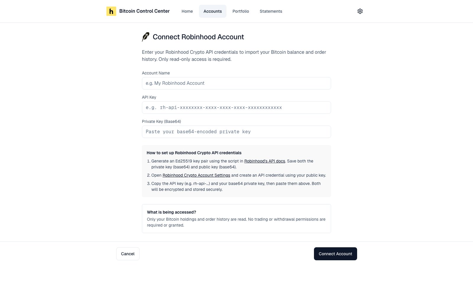 Connect Robinhood Account form with account name, API key, private key, and setup steps