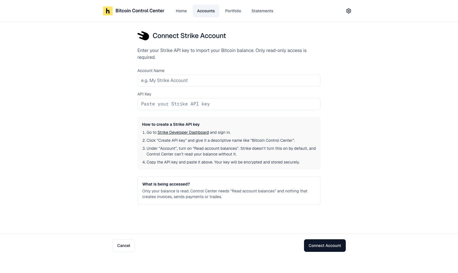 Connect Strike Account form with account name, API key, and setup steps