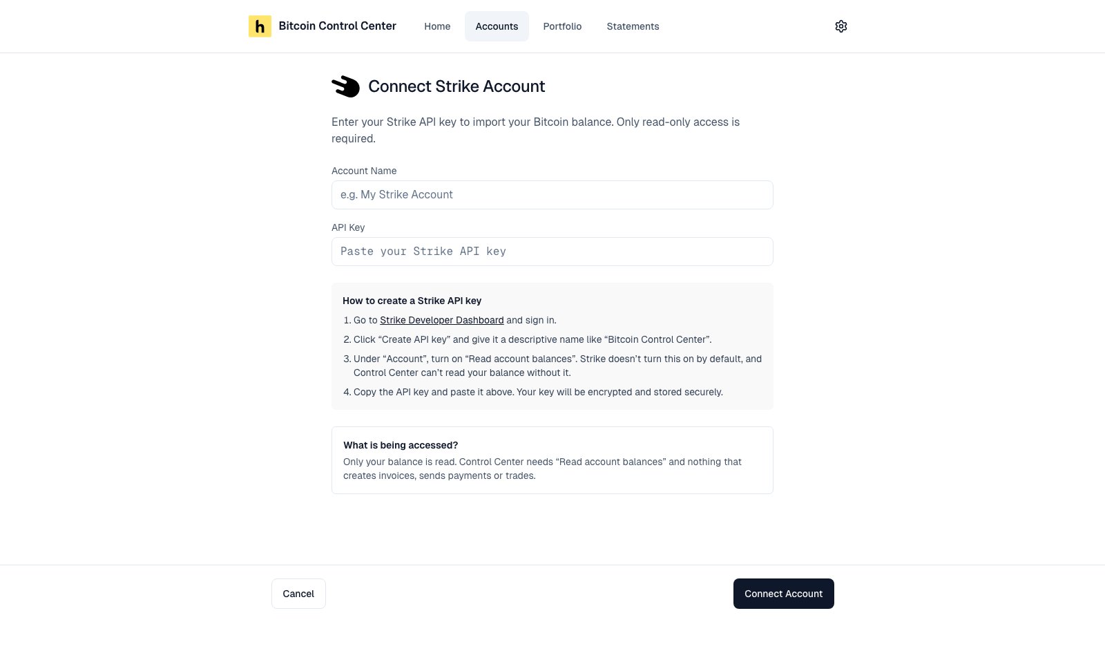 Connect Strike Account form with account name, API key, and setup steps
