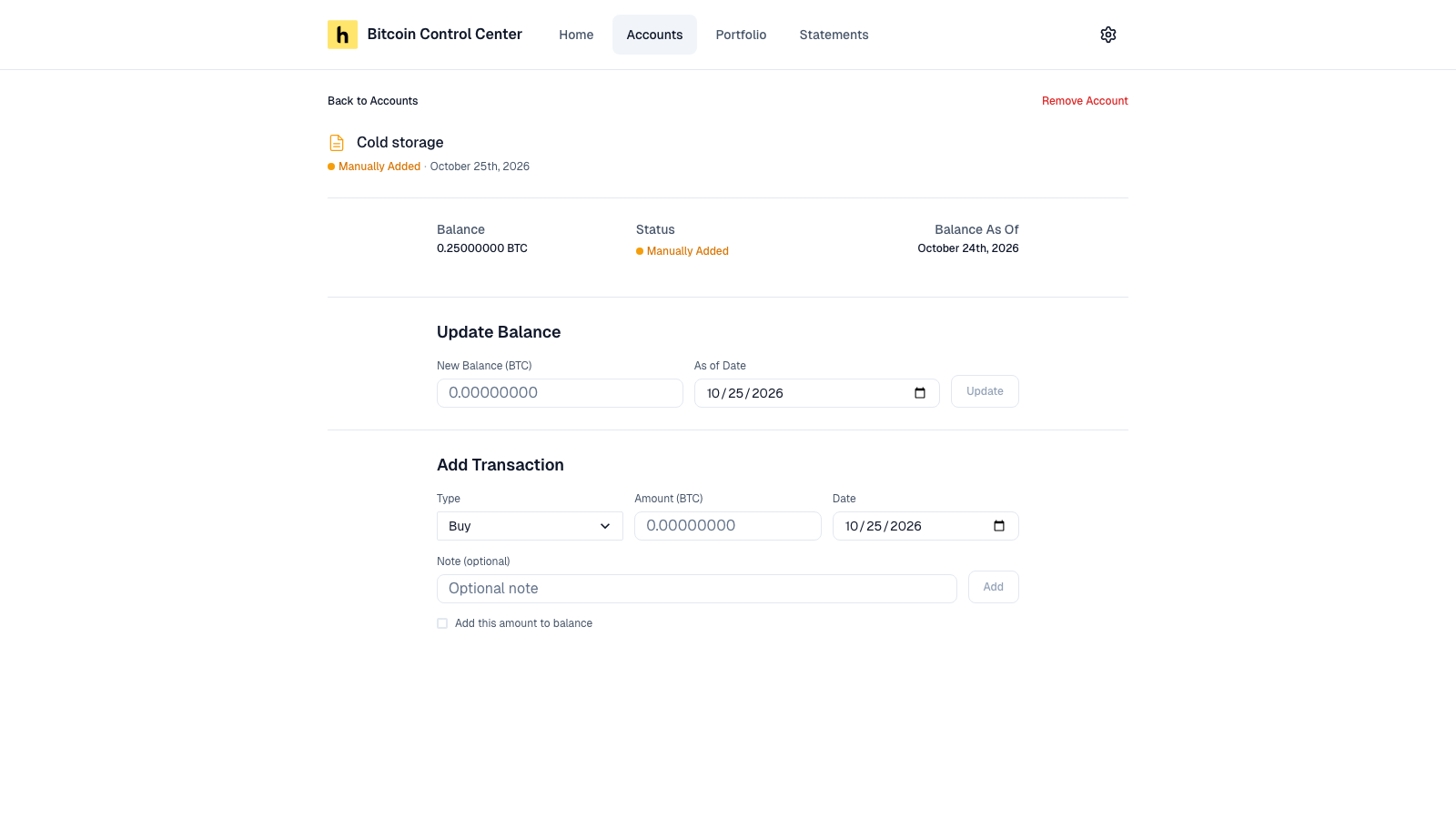 Manual holding page with Update Balance and Add Transaction sections