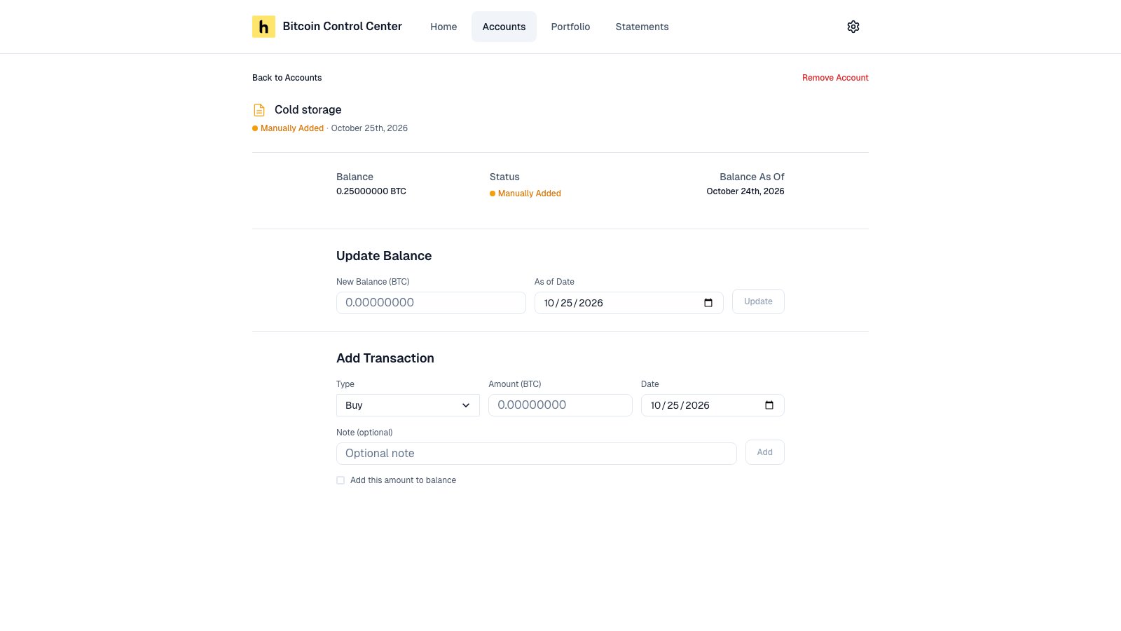 Manual holding page with Update Balance and Add Transaction sections