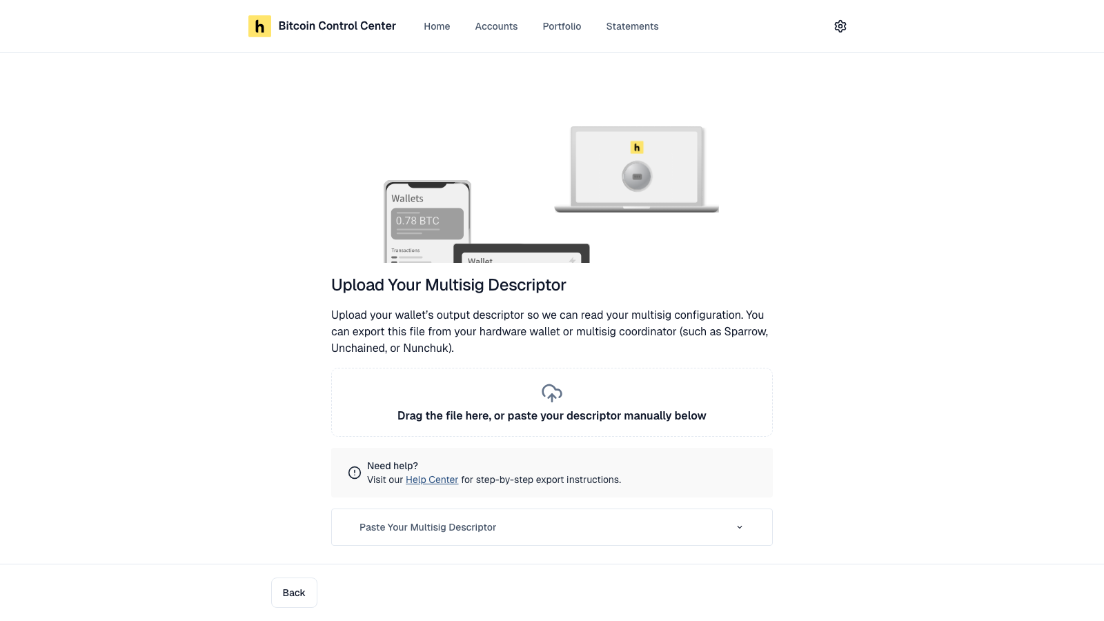 Upload Your Multisig Descriptor screen with a file drop zone