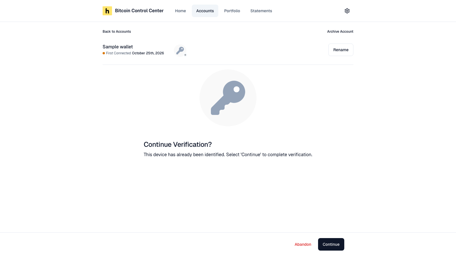 Pending account page titled Continue Verification? with Abandon and Continue buttons