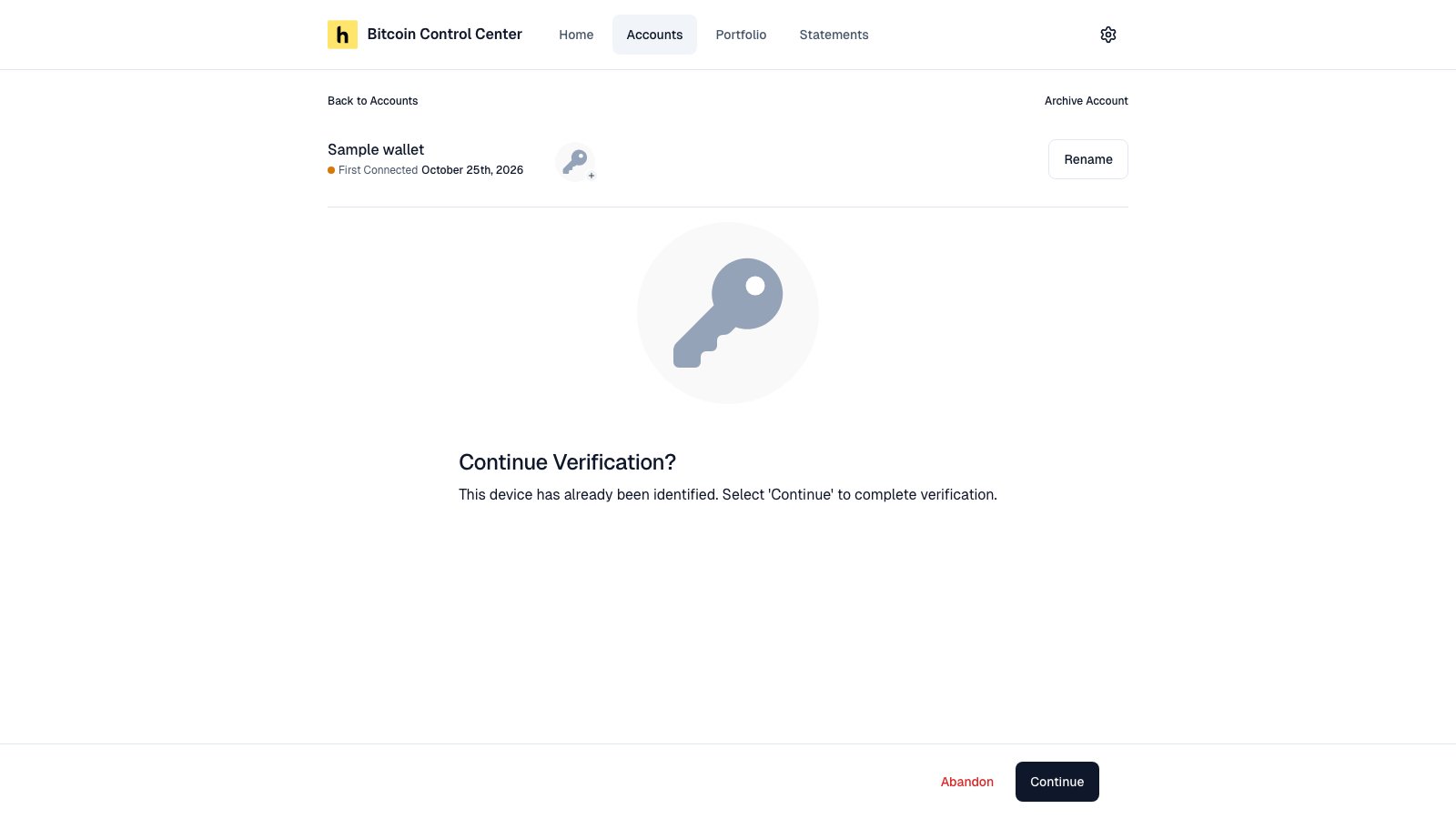 Pending account page titled Continue Verification? with Abandon and Continue buttons