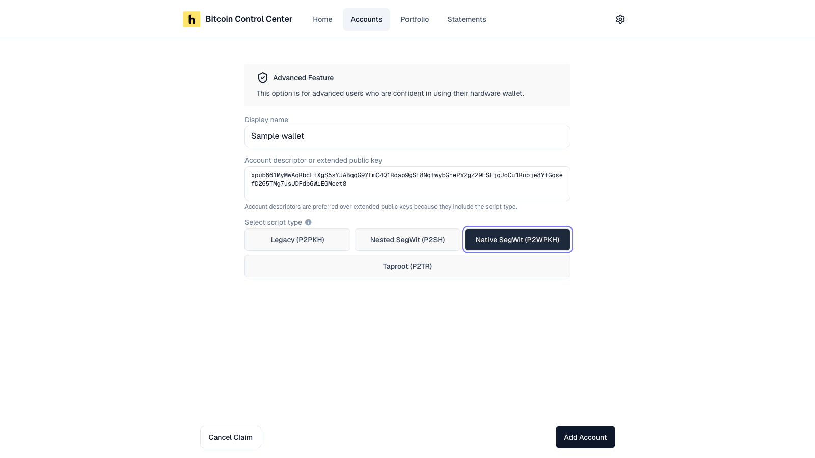Advanced form with Display name, extended public key, and script type options