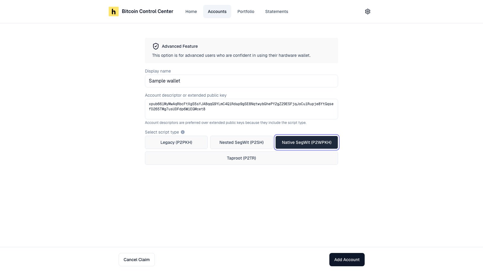 Advanced form with Display name, extended public key, and script type options