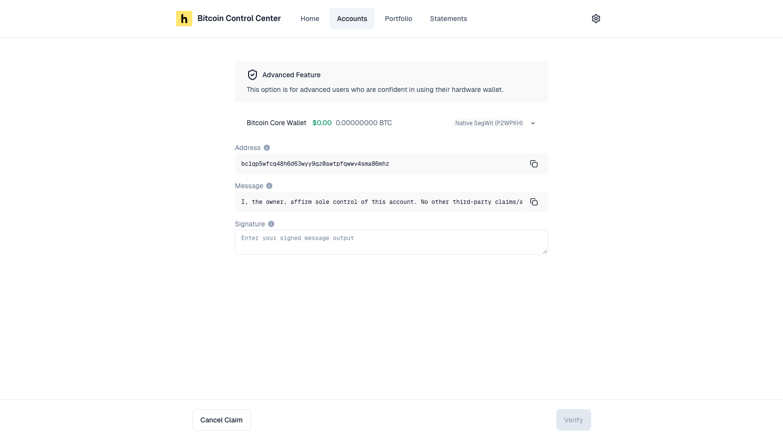 Manual signing screen with Address, Message, and Signature fields