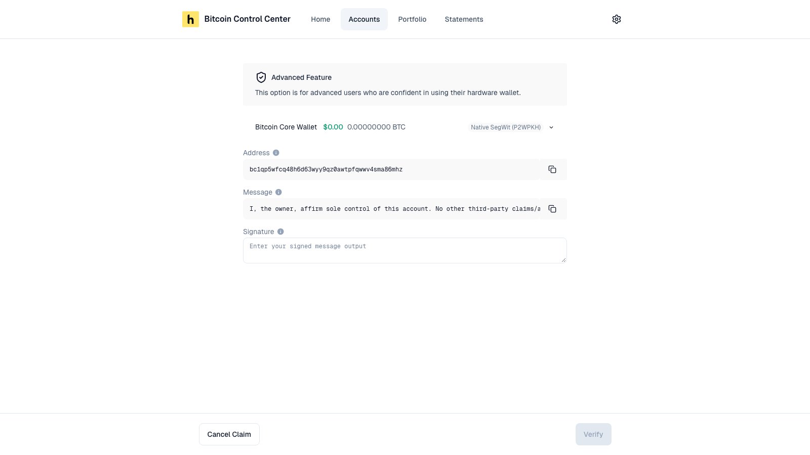 Manual signing screen with Address, Message, and Signature fields