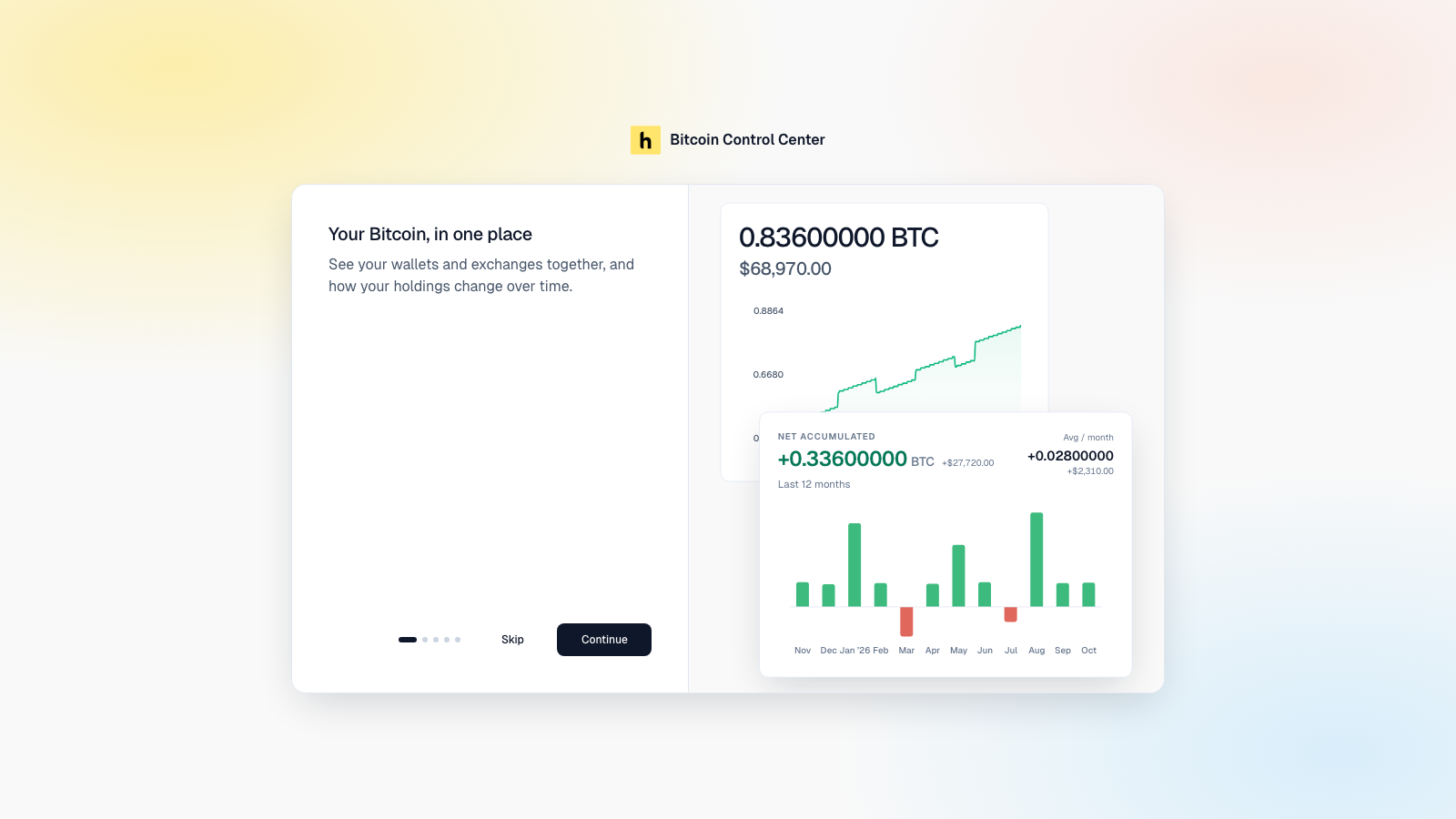 Introduction screen titled Your Bitcoin, in one place, with Skip and Continue buttons