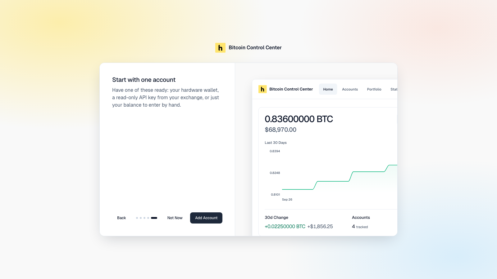 Introduction step titled Start with one account, with Not Now and Add Account buttons
