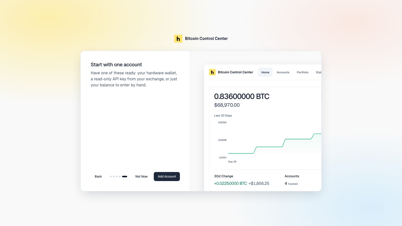 Introduction step titled Start with one account, with Not Now and Add Account buttons