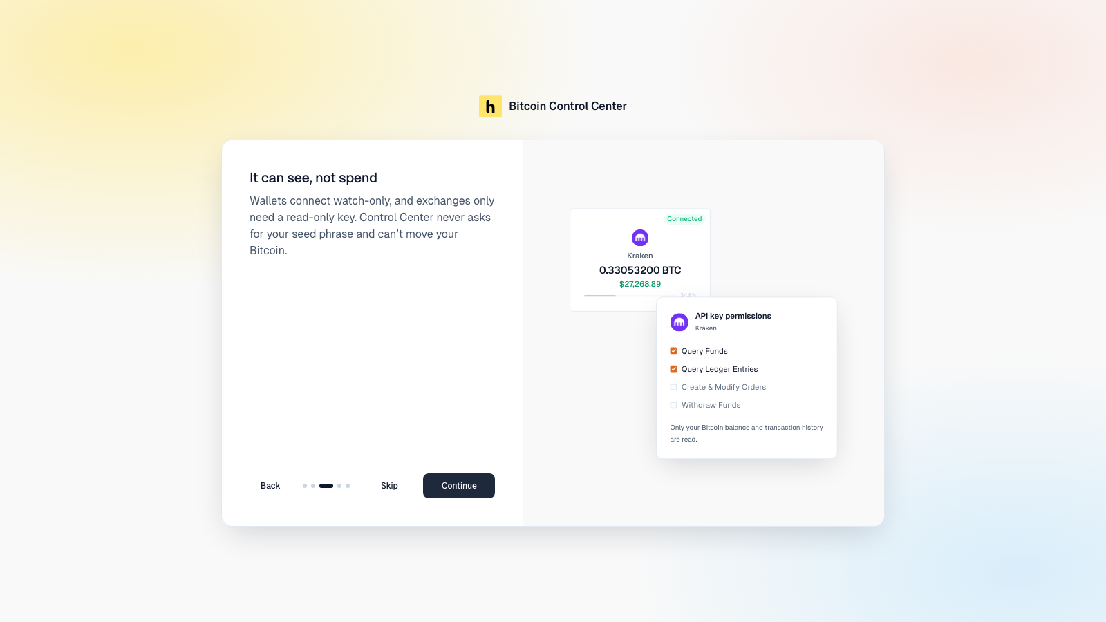 Introduction step titled It can see, not spend, with a sample Kraken key showing read-only permissions