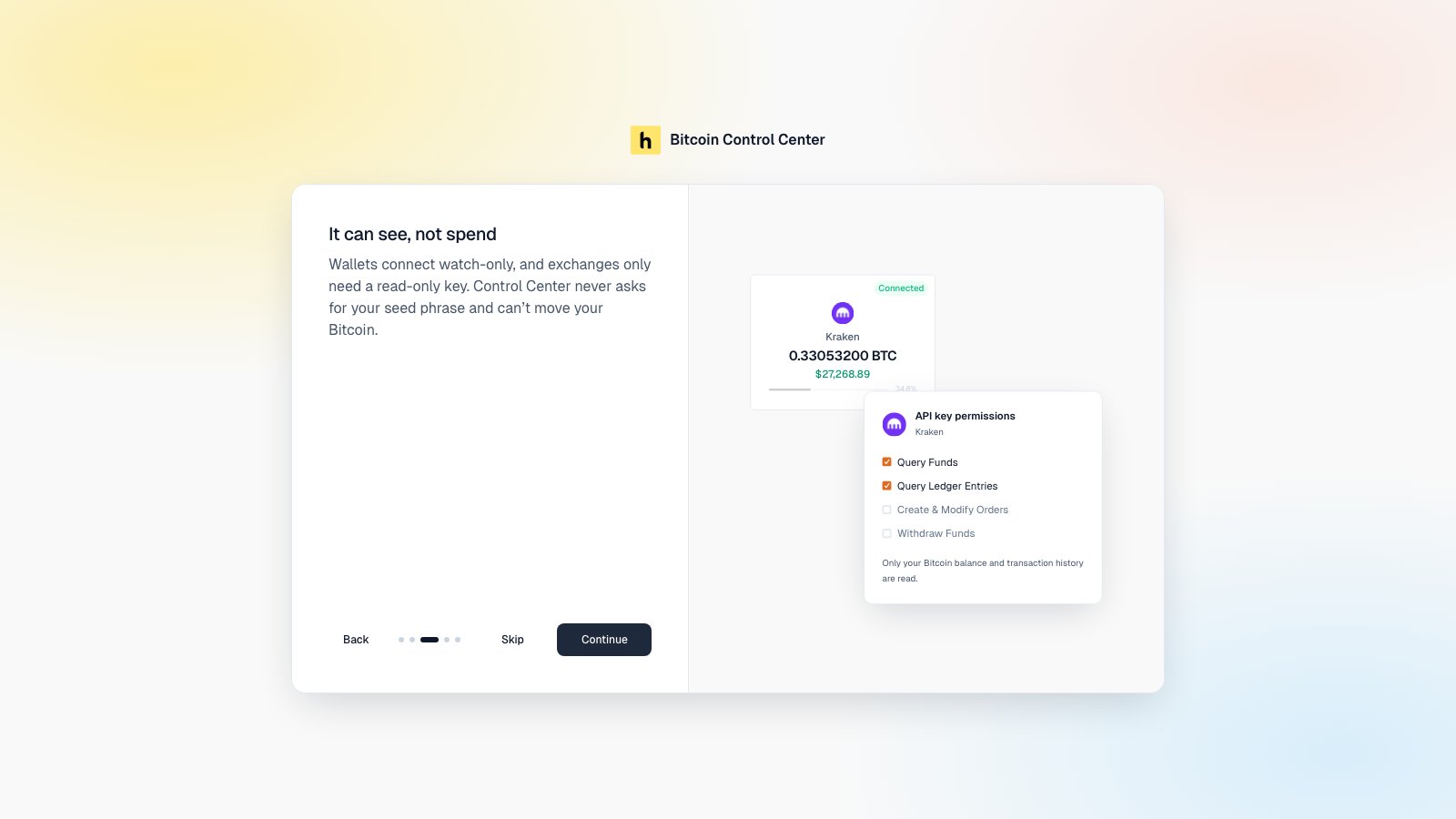 Introduction step titled It can see, not spend, with a sample Kraken key showing read-only permissions