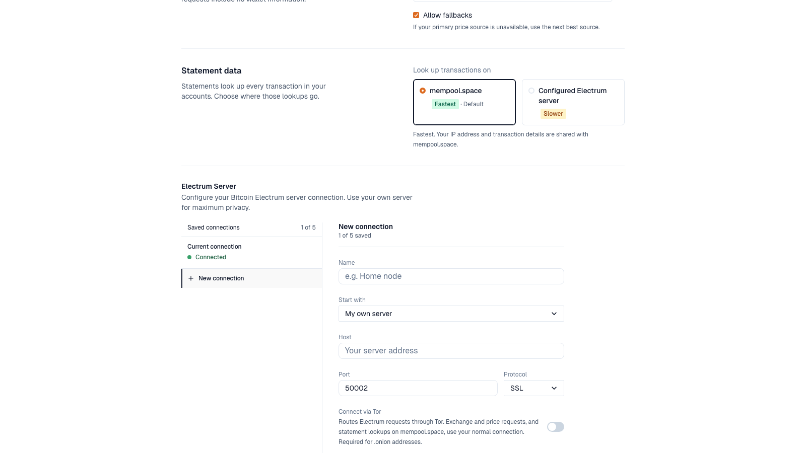 Electrum Server settings with the New connection form: name, start with, host, port, protocol, and Connect via Tor