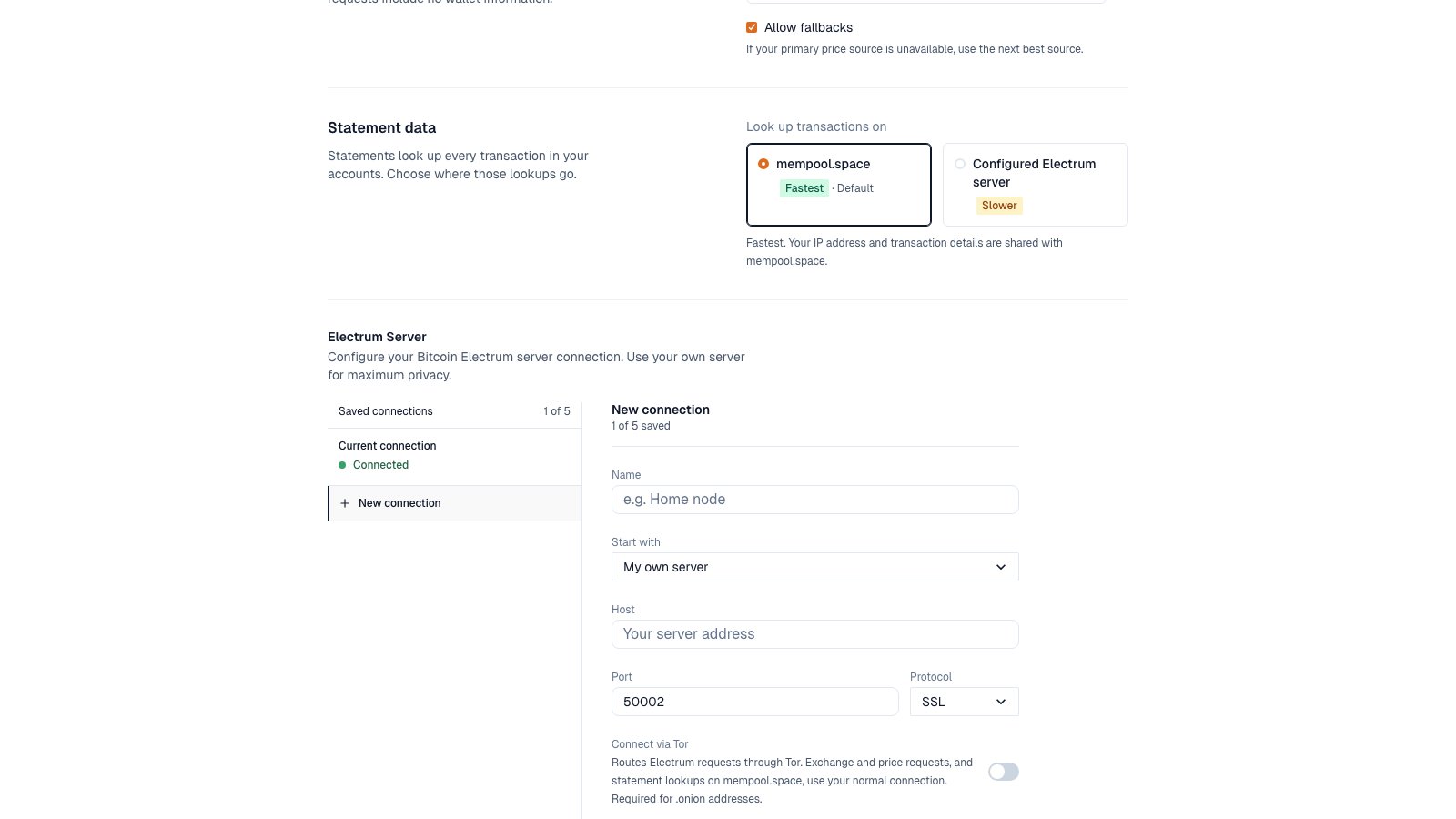 Electrum Server settings with the New connection form: name, start with, host, port, protocol, and Connect via Tor