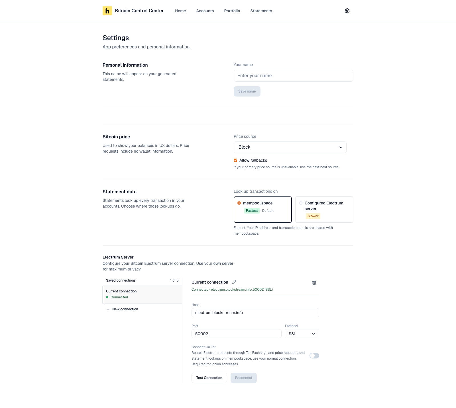 Settings page with Personal information, Bitcoin price, Statement data, and Electrum Server sections