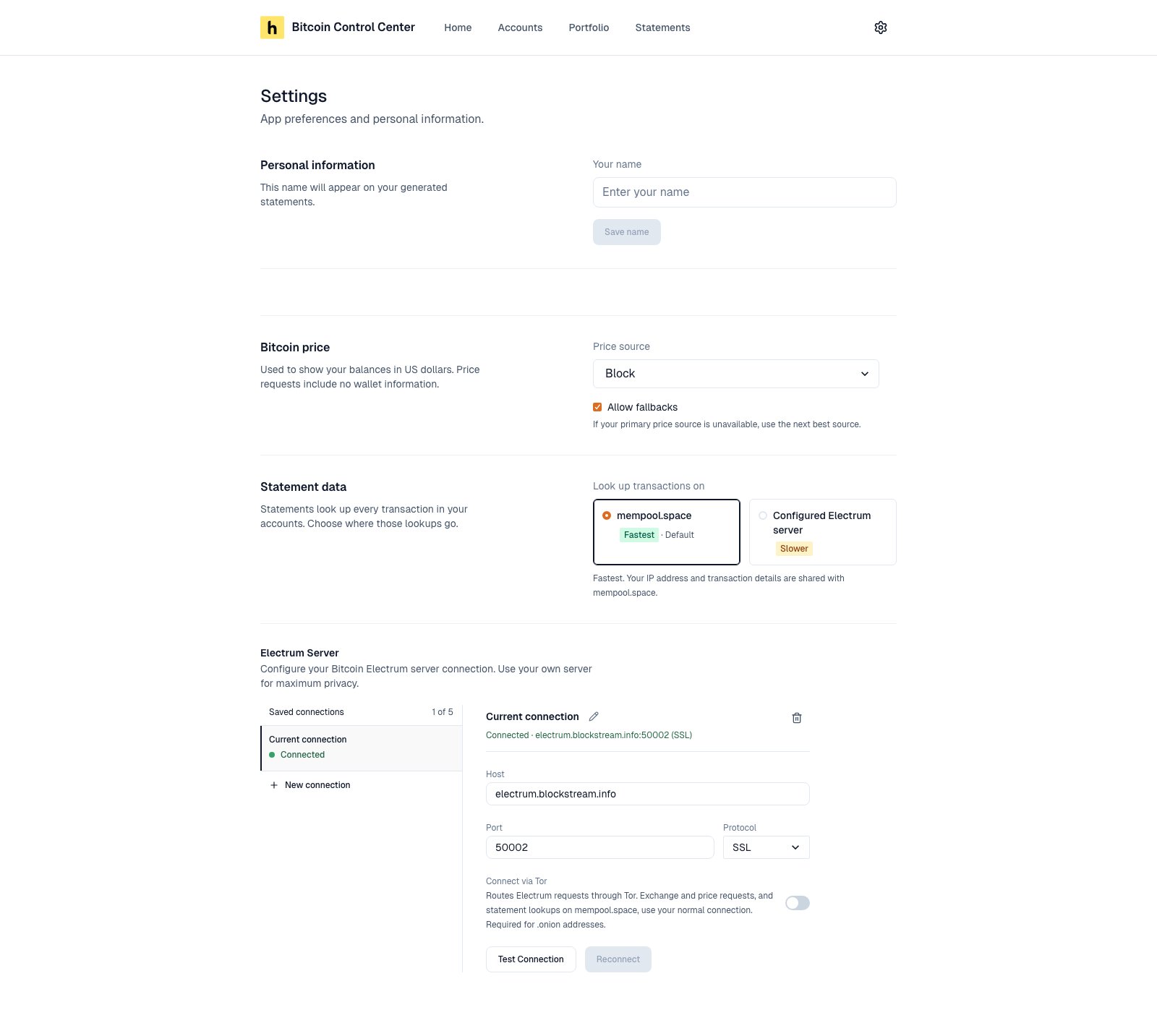Settings page with Personal information, Bitcoin price, Statement data, and Electrum Server sections