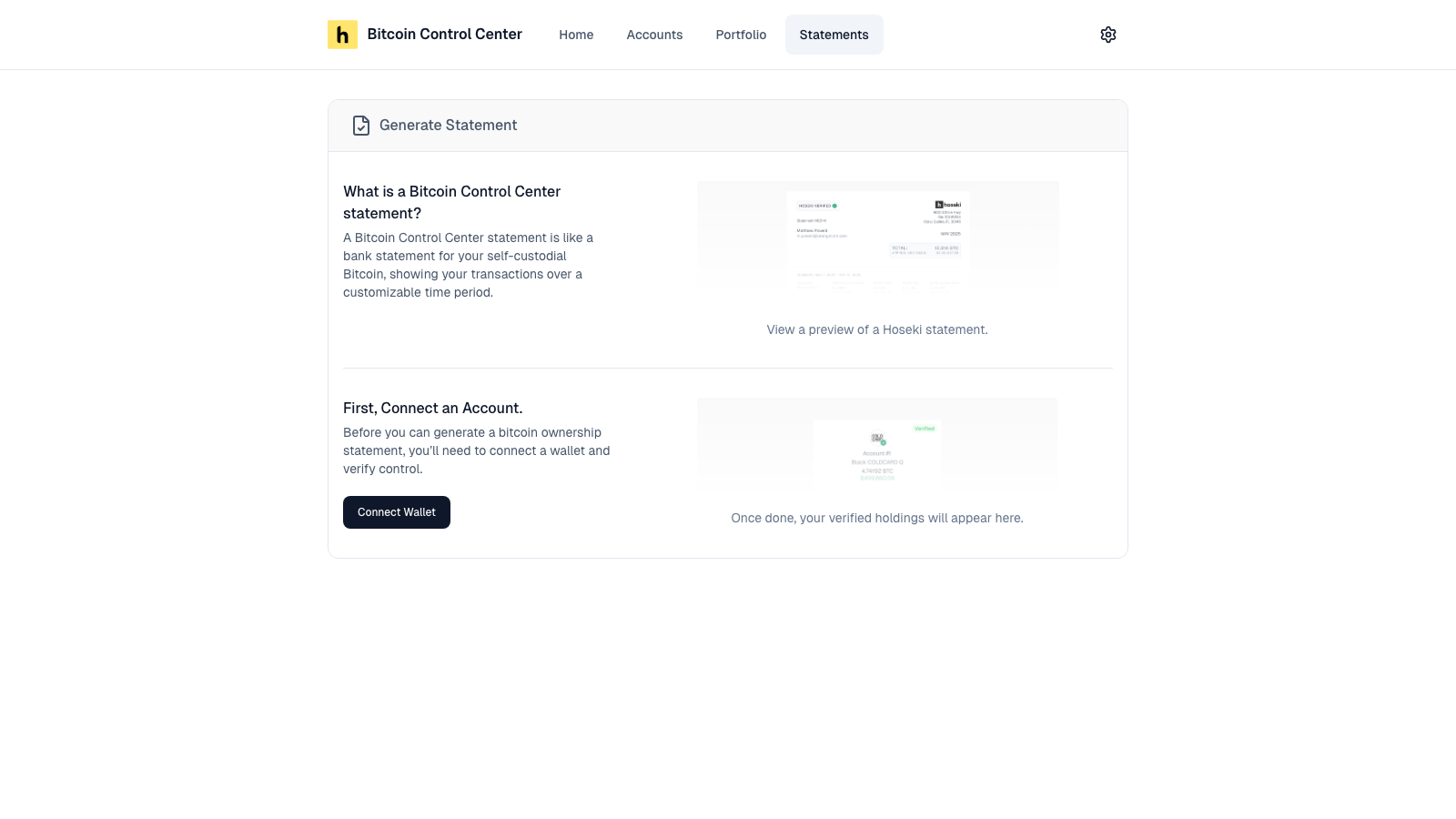 Generate Statement page asking you to connect a wallet and verify control first