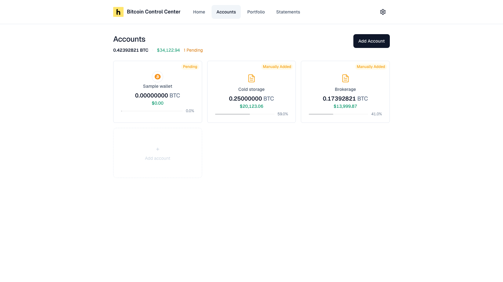Accounts page with two Manually Added cards and an Add account card