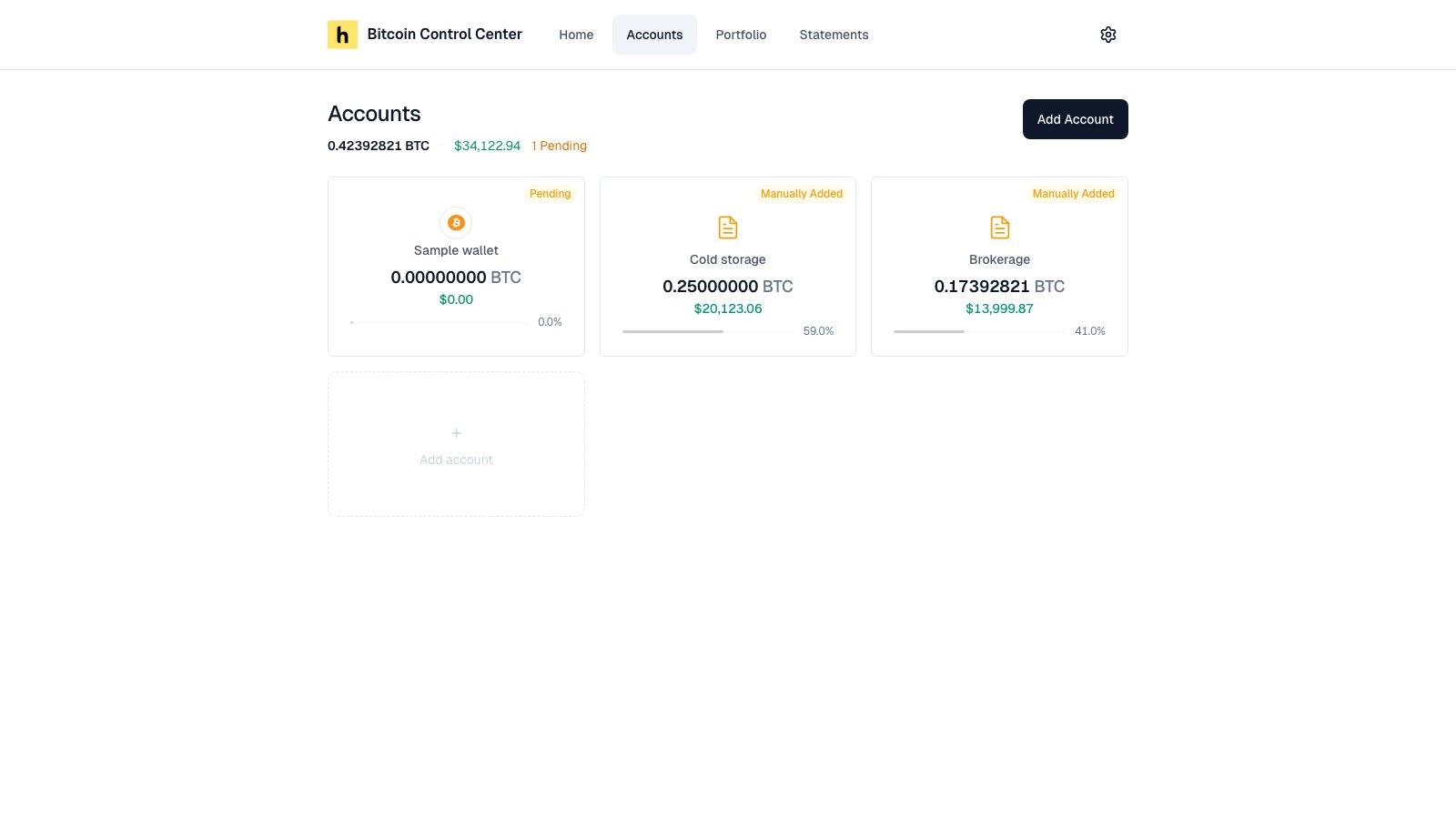 Accounts page with two Manually Added cards and an Add account card