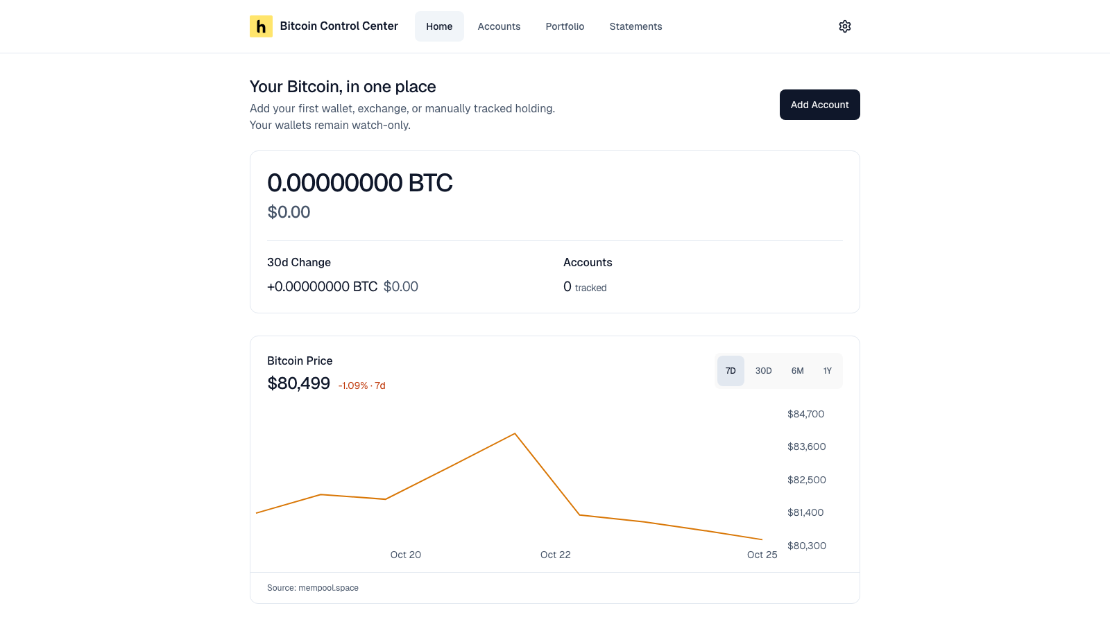 Empty Home page with a zero balance, an Add Account button, and the Bitcoin price chart