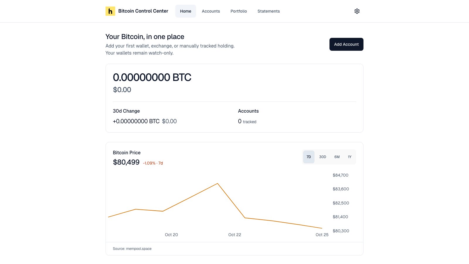 Empty Home page with a zero balance, an Add Account button, and the Bitcoin price chart
