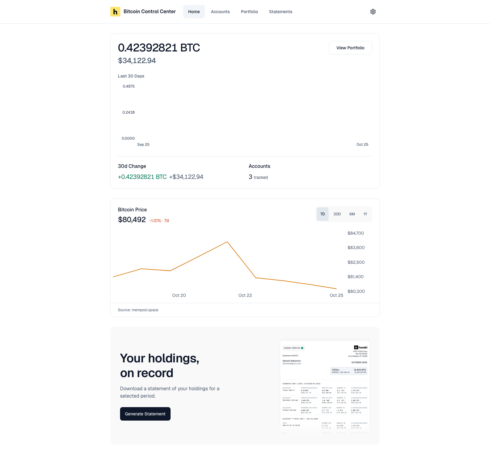 Home page showing total balance, 30-day chart, 30d change, accounts count, Bitcoin price chart, and statements banner