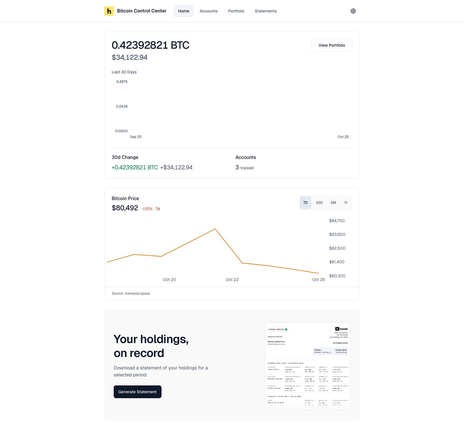 Home page showing total balance, 30-day chart, 30d change, accounts count, Bitcoin price chart, and statements banner