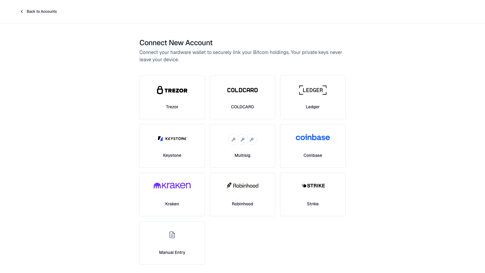 Add Account screen listing wallets, exchanges, and manual entry