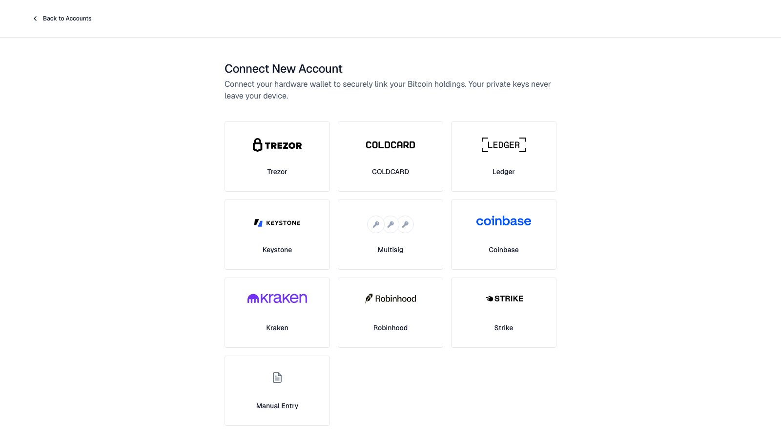 Add Account screen listing wallets, exchanges, and manual entry