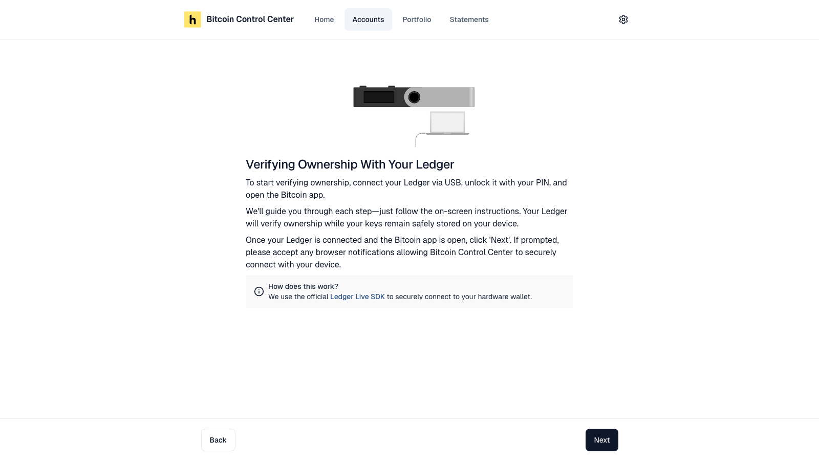 Ledger connection prompt in Control Center