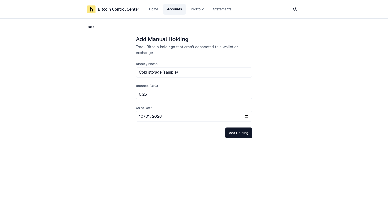 Manual Bitcoin form with name and amount