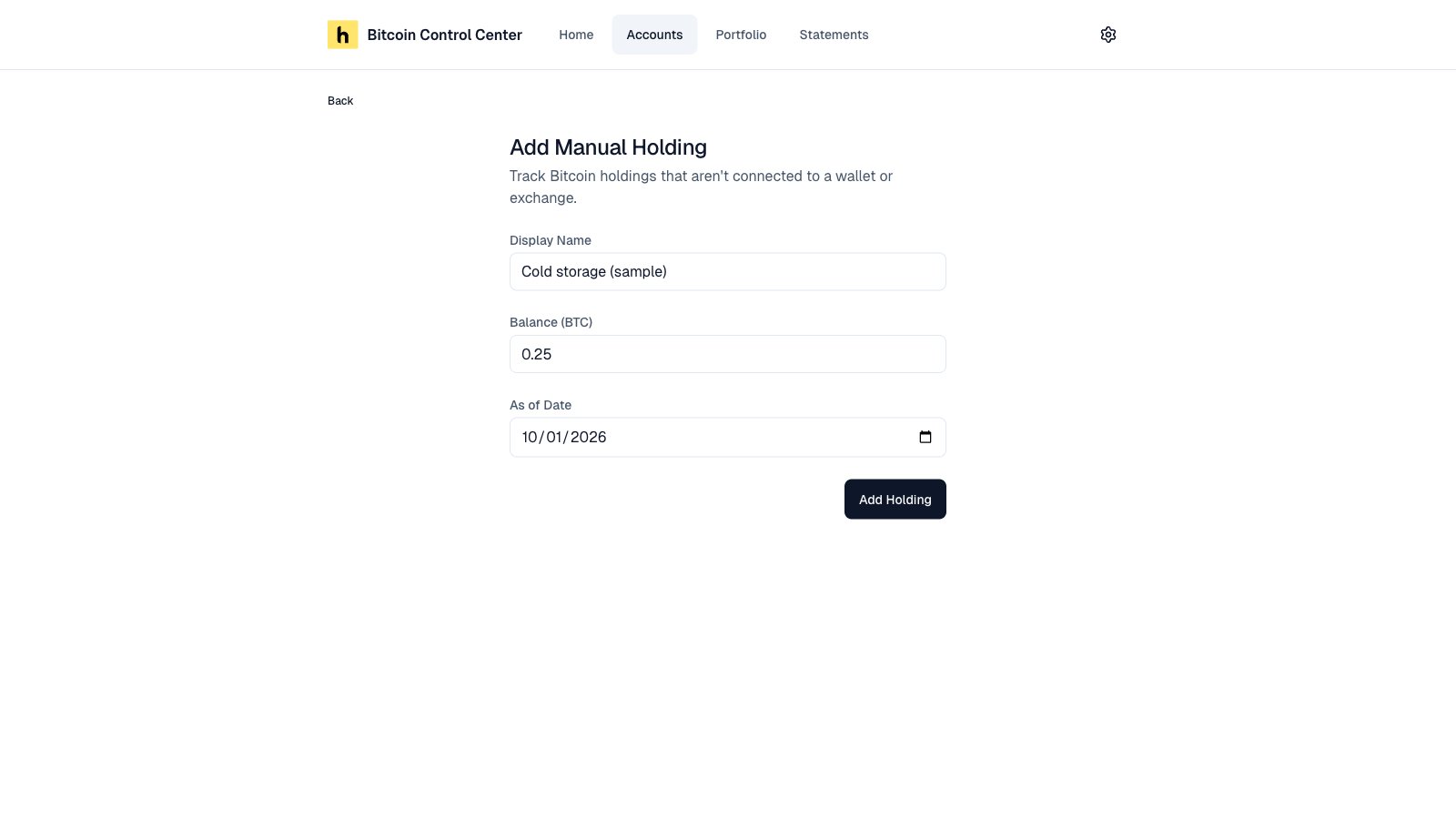 Manual Bitcoin form with name and amount