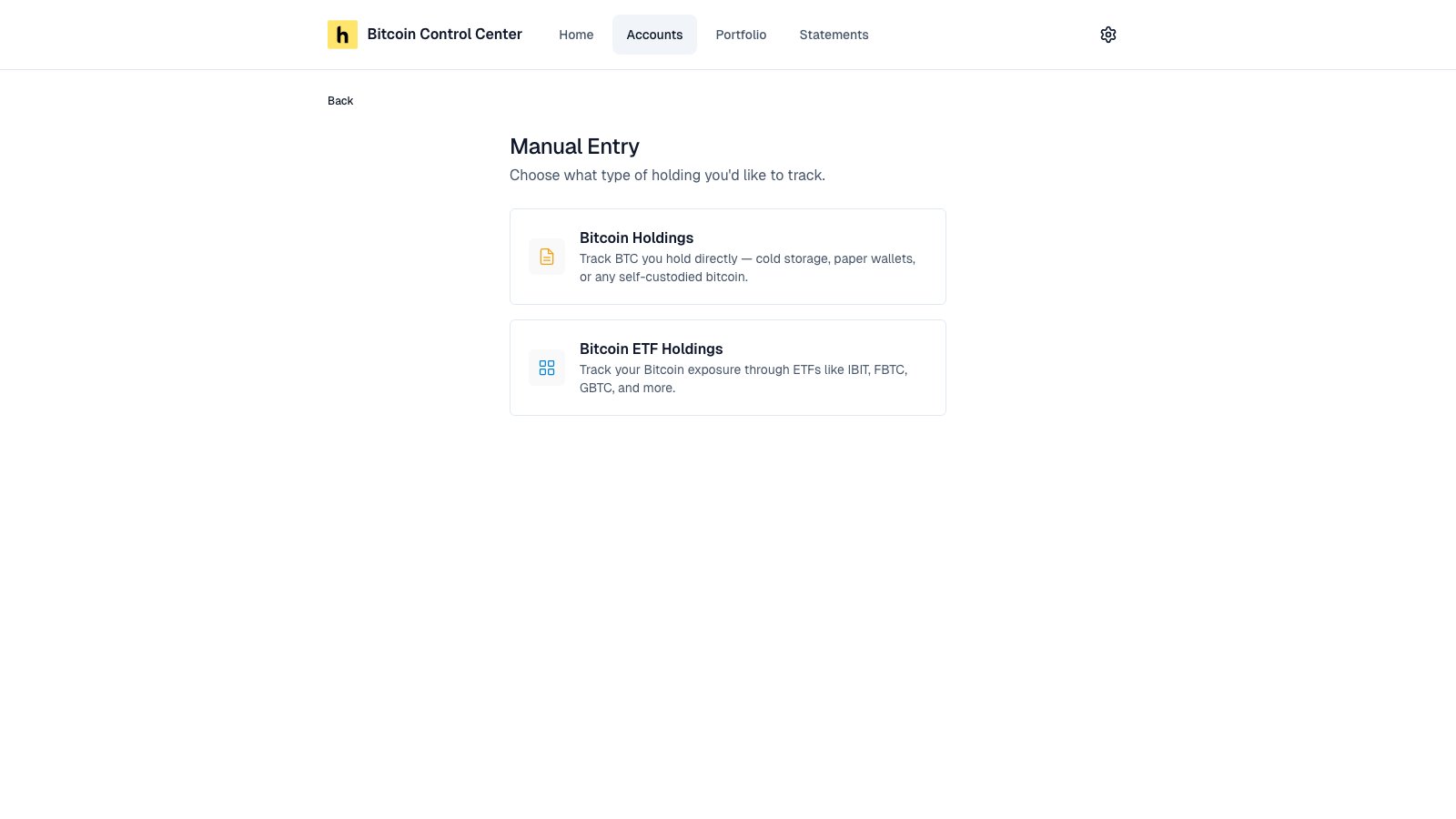 Manual Entry type choice: Bitcoin or ETF