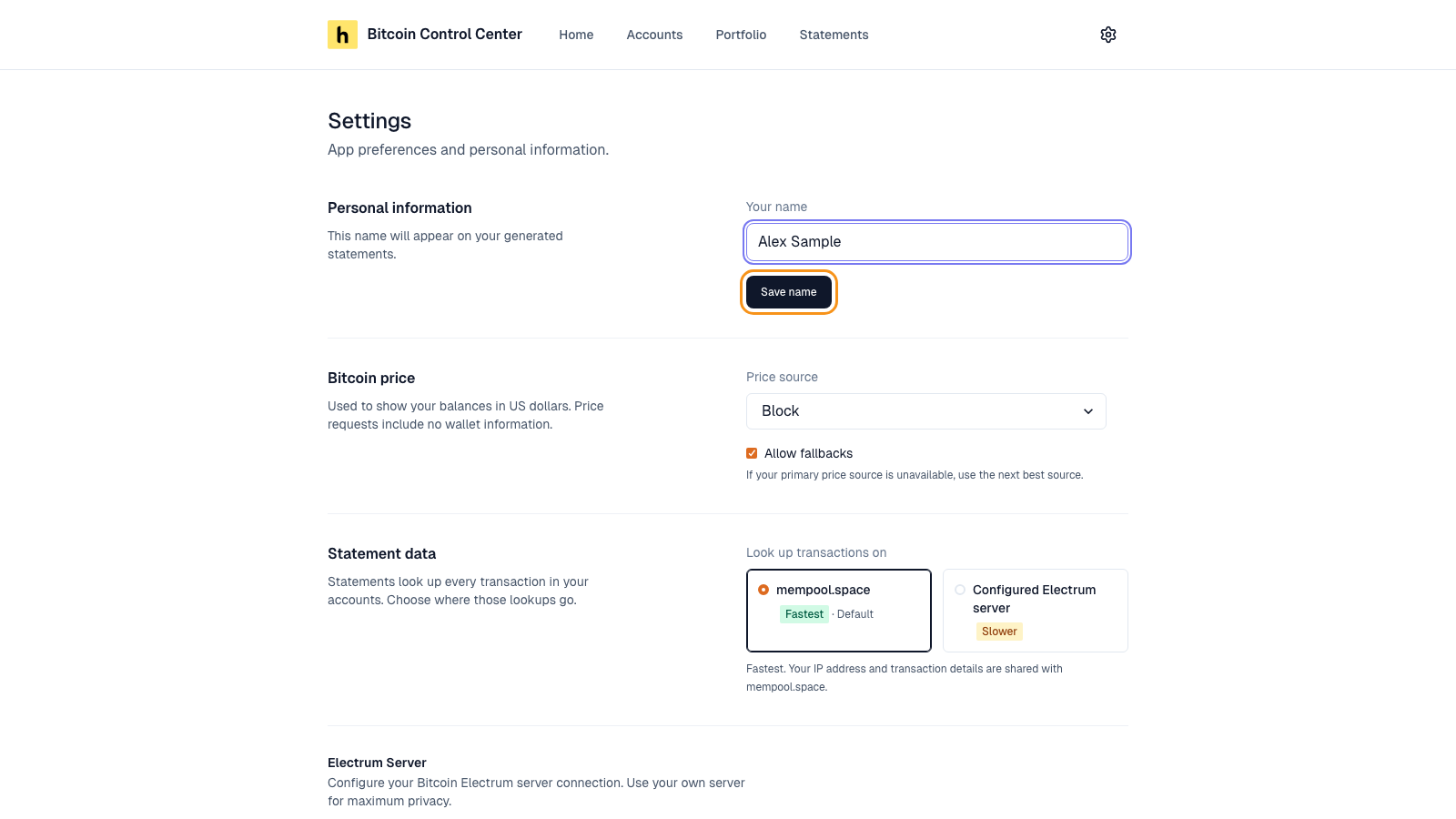 Settings page with the statement name field
