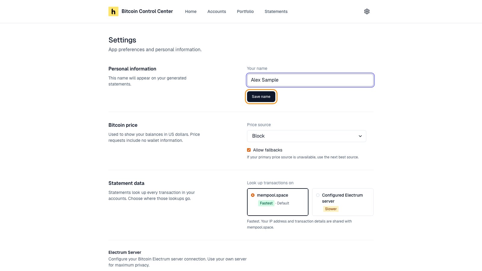 Settings page with the statement name field