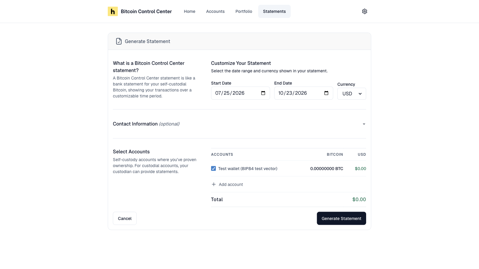 Statement options: accounts, date range, and currency