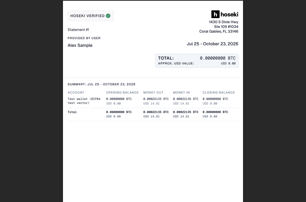 Statement PDF showing the Hoseki Verified badge