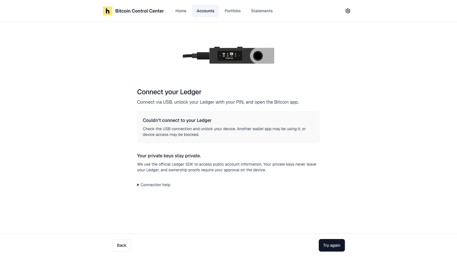 Browser permission prompt to connect a hardware wallet