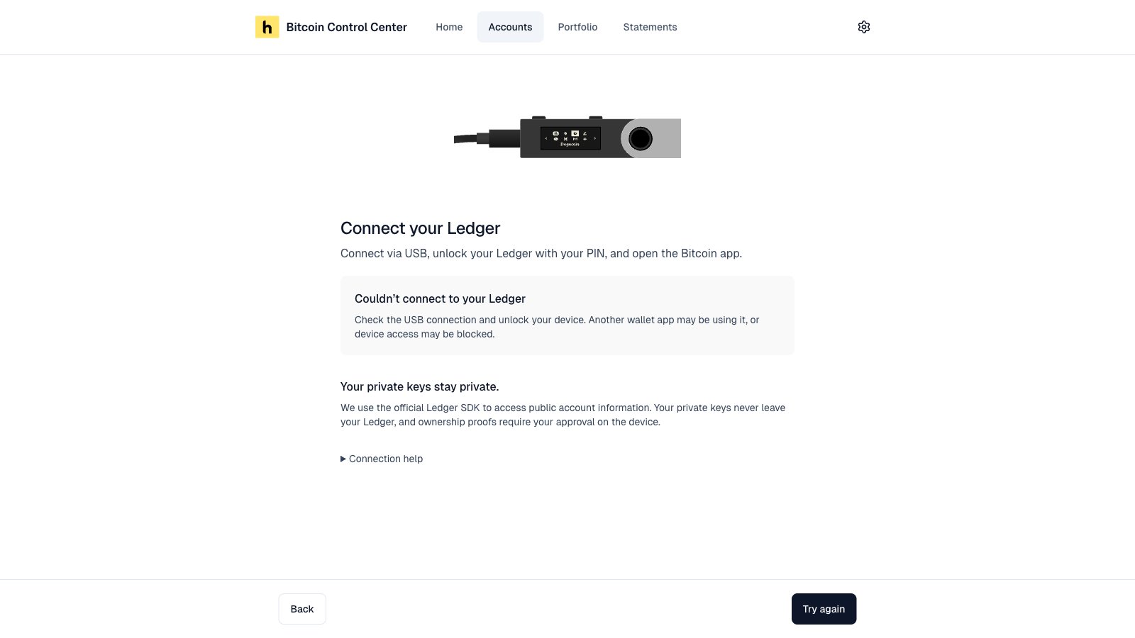 Browser permission prompt to connect a hardware wallet