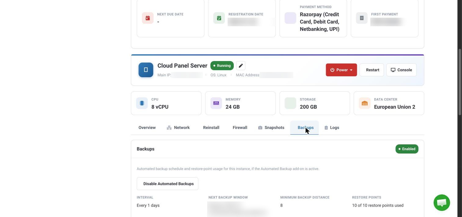 The Backups tab on the VPS server panel, showing that automated backups are enabled, the backup interval and the restore points used