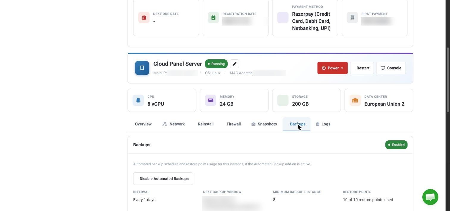 The Backups tab on the VPS server panel, showing that automated backups are enabled, the backup interval and the restore points used