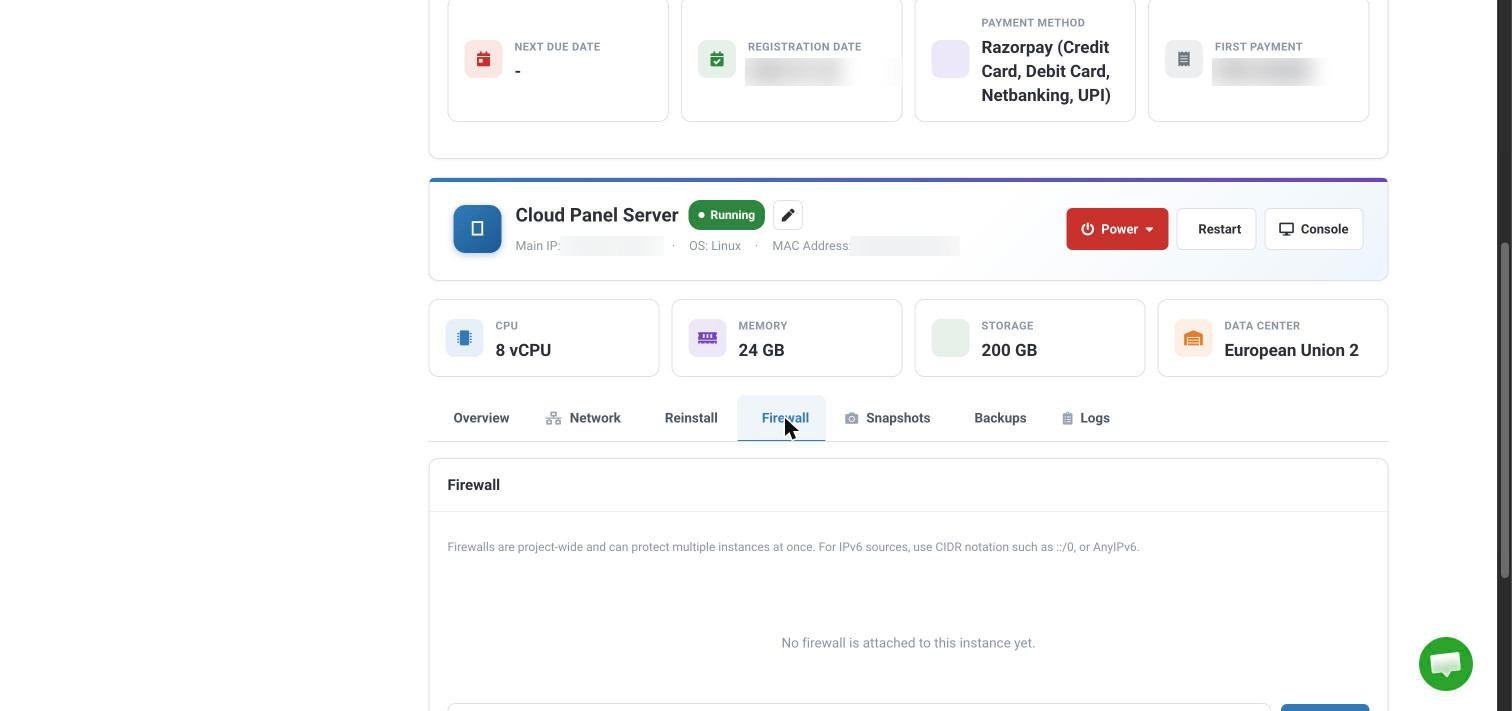 The Firewall tab on the VPS server panel, showing that no firewall is attached yet